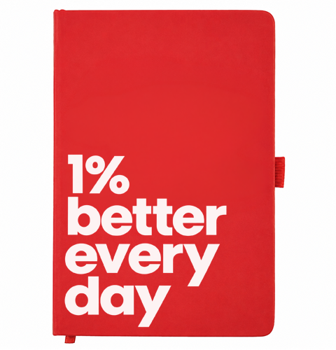 Red A5 notebook reading 1% better every day
