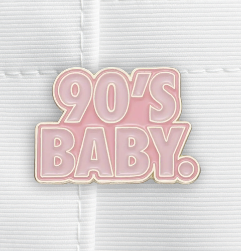 Pink '90's Baby' text on a white background
