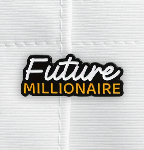 pin gift with 'Future Millionaire' text on a textured white background