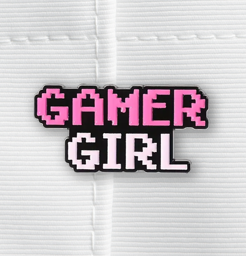 Pixelated 'Gamer Girl' badge on a white background
