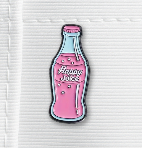 Pink bottle-shaped enamel pin with 'Happy Juice' text on a white background