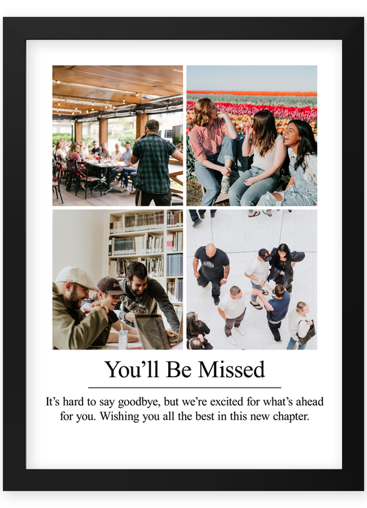 Personalised farewell photo print collage showcasing one cherished photo for a colleague leaving gift, perfect for retirement or special occasions.