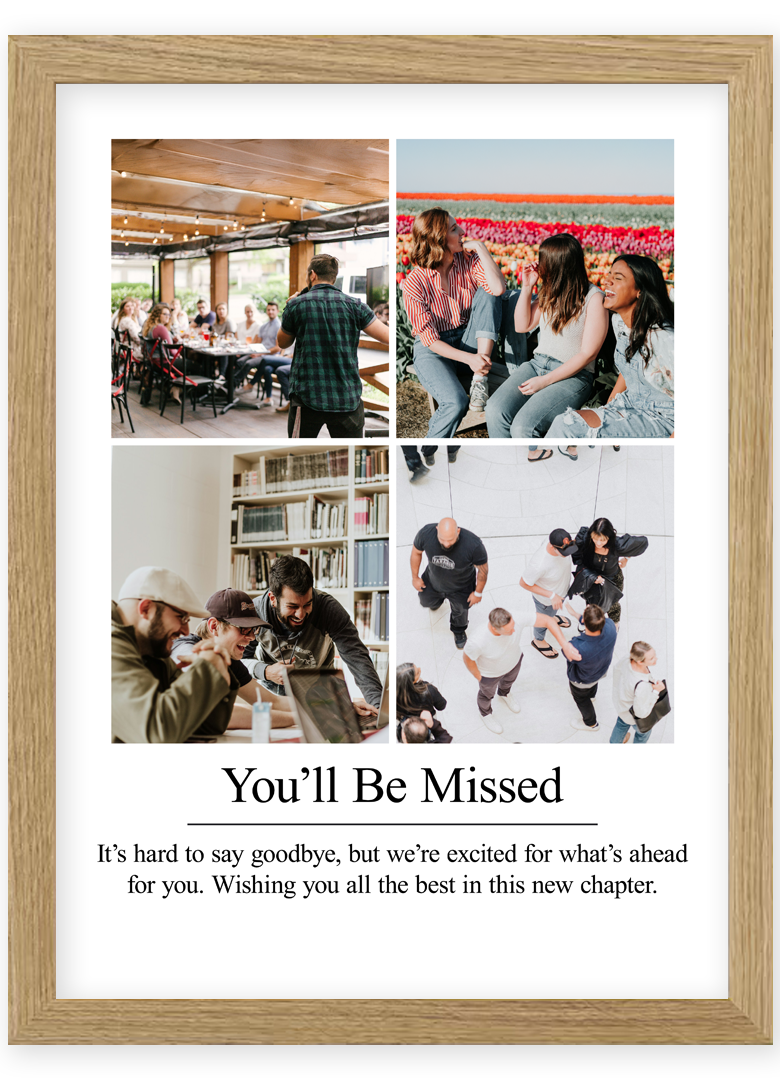 Personalised farewell photo print collage showcasing one cherished photo for a colleague leaving gift, perfect for retirement or special occasions.