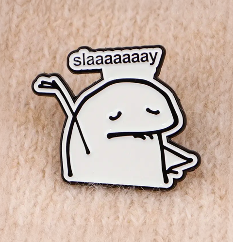 Ghost character with 'slaaaaaaay' text on a beige background