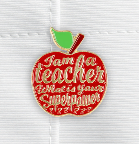 Pin with red apple design and text 'I am a teacher, what is your superpower?' on a white background