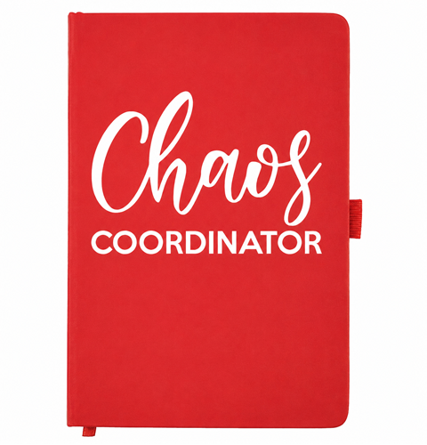 Red A5 Chaos Coordinator Notebook with white cover lettering