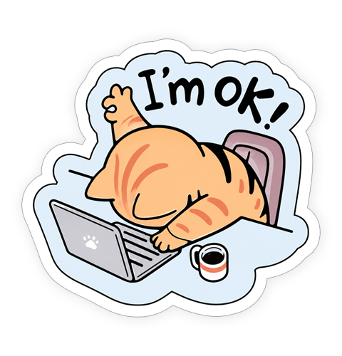 Cartoon cat lying on a laptop with 'I'm OK!' text, surrounded by a light blue cloud-like border.