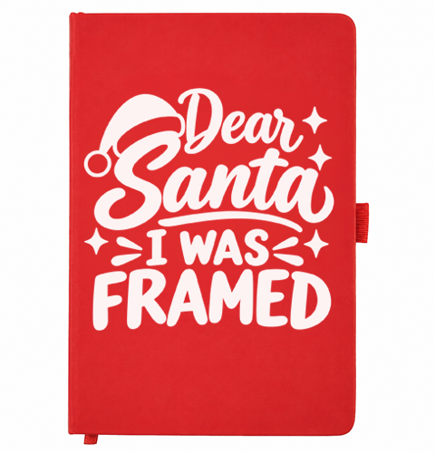 red A5 Christmas notebook with white design, Dear Santa, I Was Framed Notebook