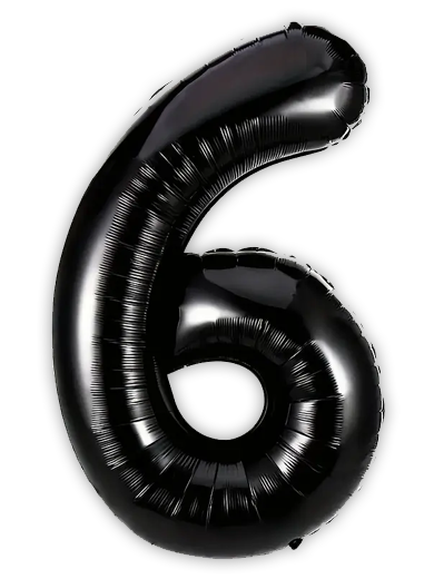 Black Number 6 Balloon – 40" Foil (Uninflated with Straw)