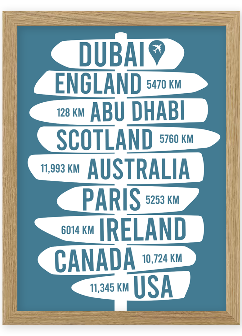custom location sign framed print birthday leaving gift dubai uae abu dhabi distance sign birthday anniversary present