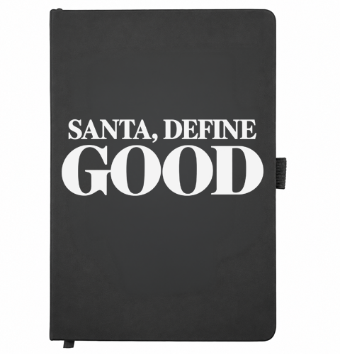 black A5 Christmas notebook with white design, Santa, Define Good Notebook