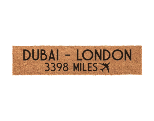 Dubai to London 3398 miles tiny slim natural coir doormat, 10 x 45 cm