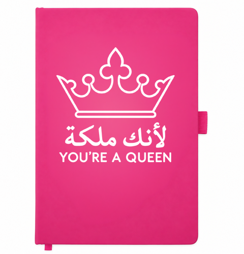 Pink A5 notebook with crown and You're a Queen in Arabic and English
